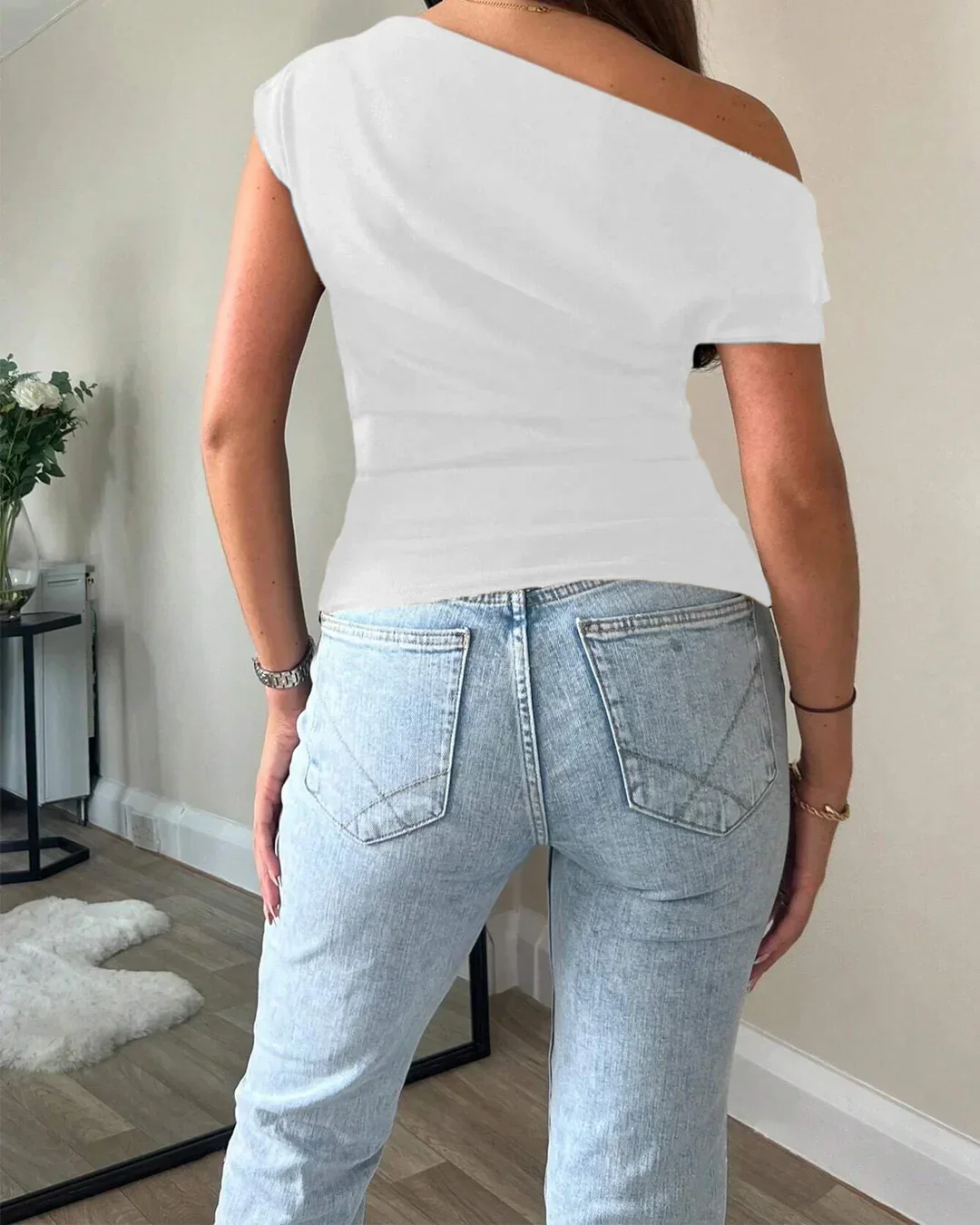 One Shoulder Ruched Asymmetrical Top in White - Image 4