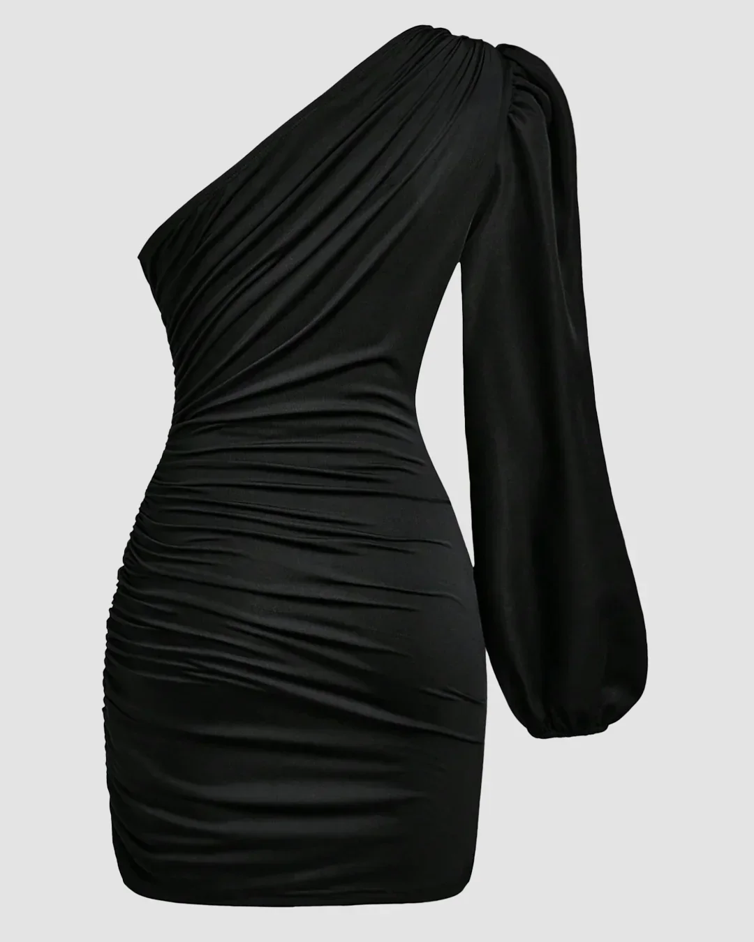 One-Shoulder Ruched Bodycon Asymmetrical Mini Dress in Black - Image 2