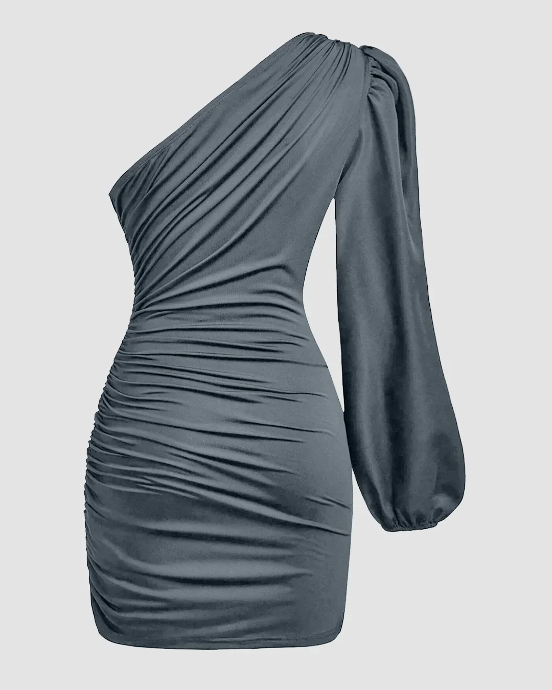 One-Shoulder Ruched Bodycon Asymmetrical Mini Dress in Grey - Image 2