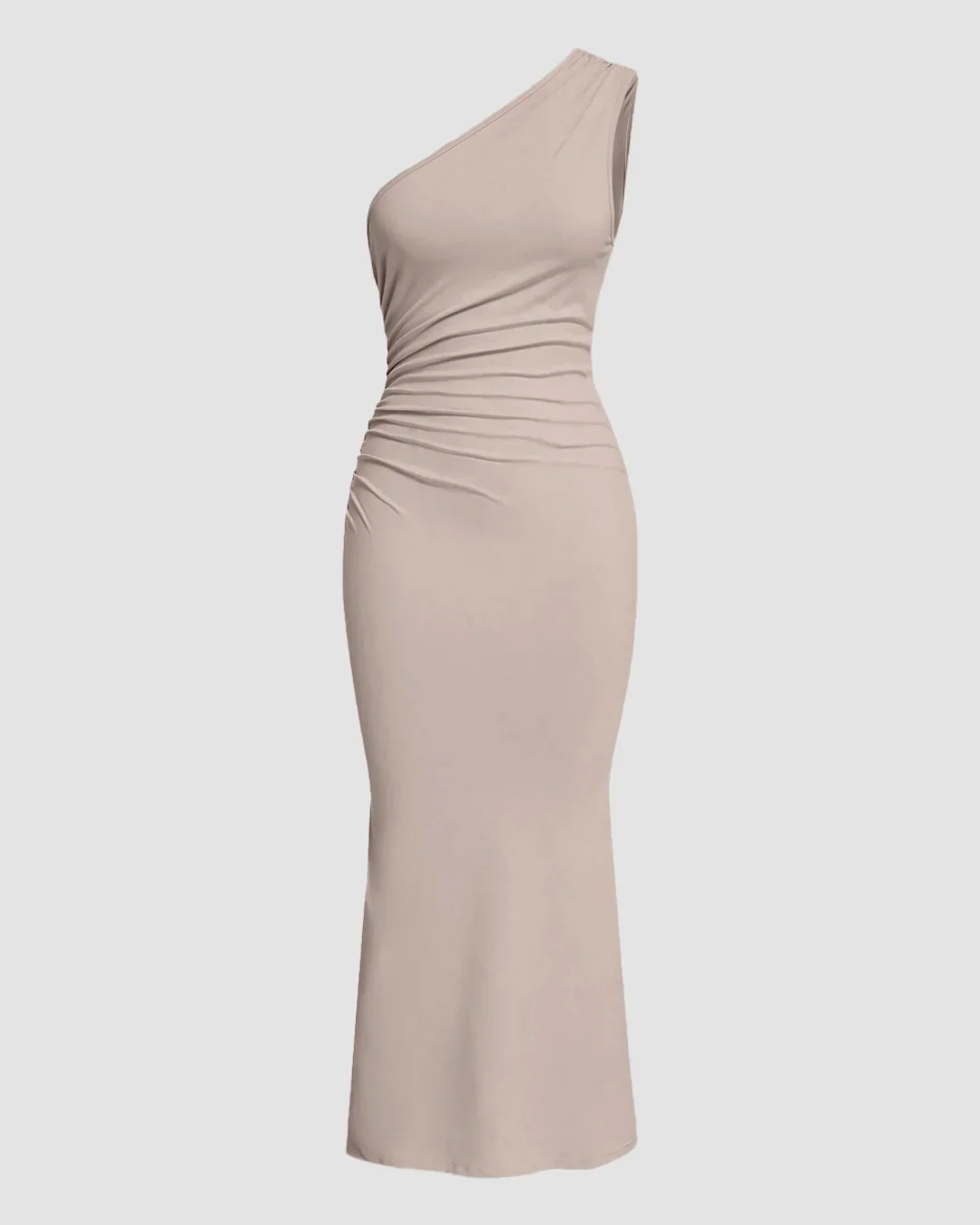 One Shoulder Ruched Bodycon Midi Dress in Beige
