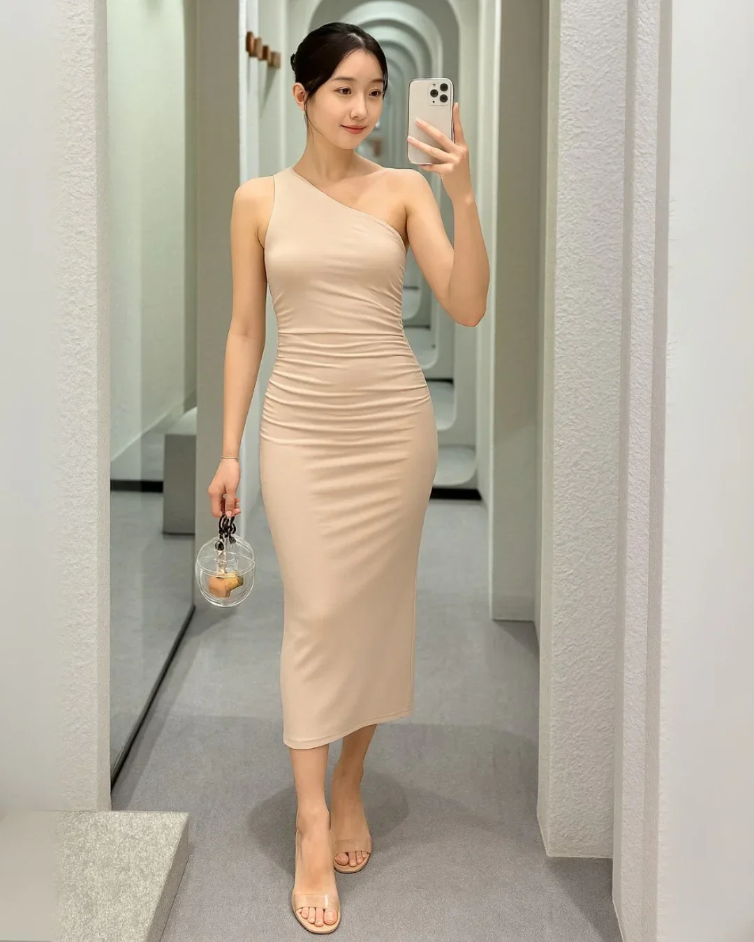 One Shoulder Ruched Bodycon Midi Dress in Beige - Image 2