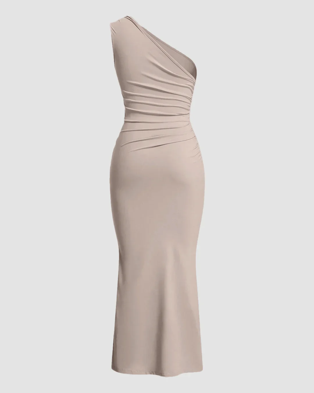 One Shoulder Ruched Bodycon Midi Dress in Beige - Image 3