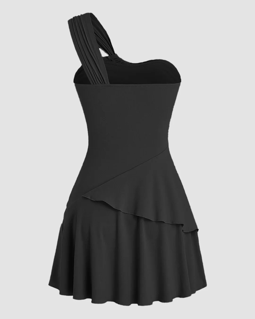 One Shoulder Ruched Layered Mini Dress in Black - Image 2