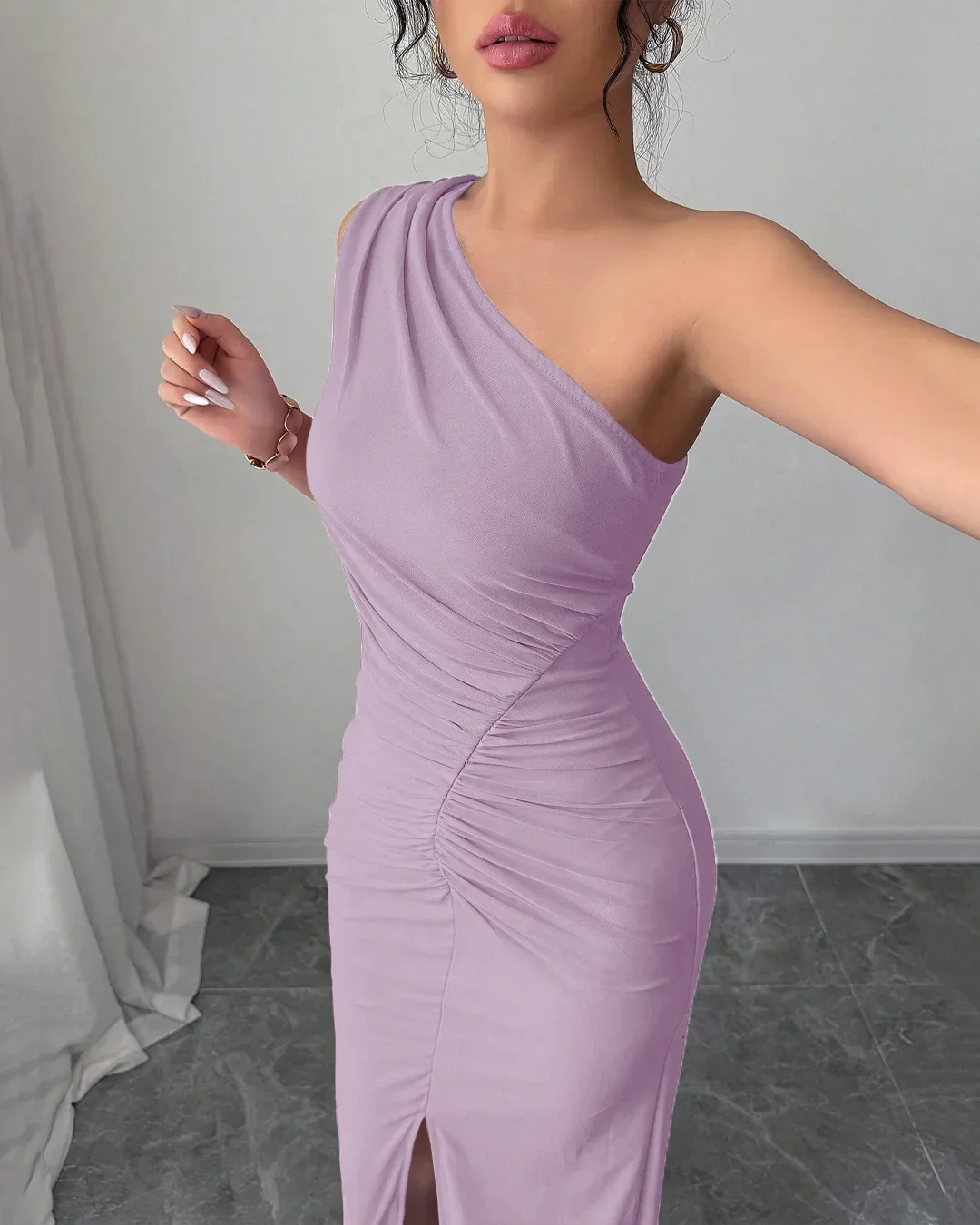 One-Shoulder Ruched Slit Maxi Dress in Lilac - Image 2