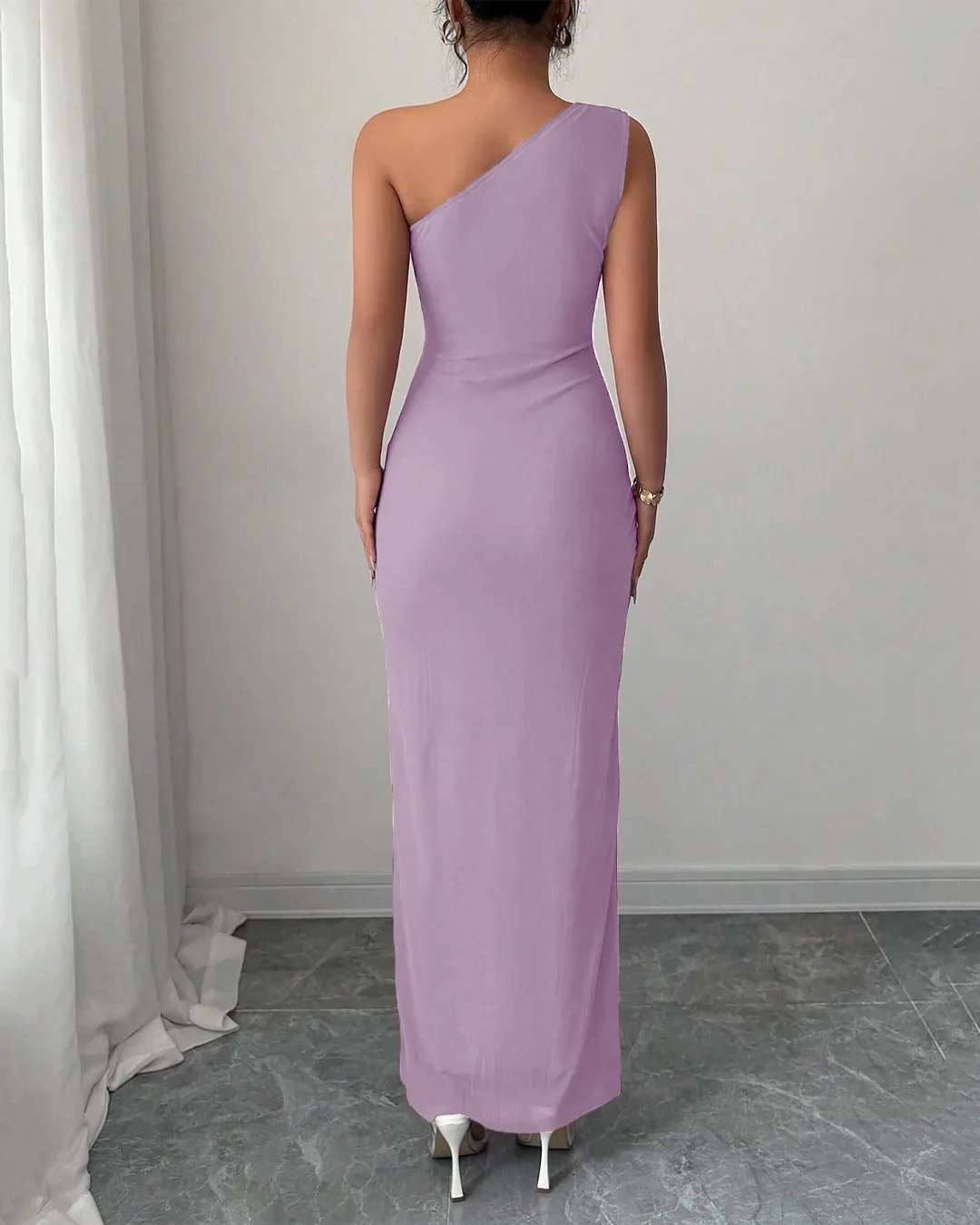 One-Shoulder Ruched Slit Maxi Dress in Lilac - Image 3
