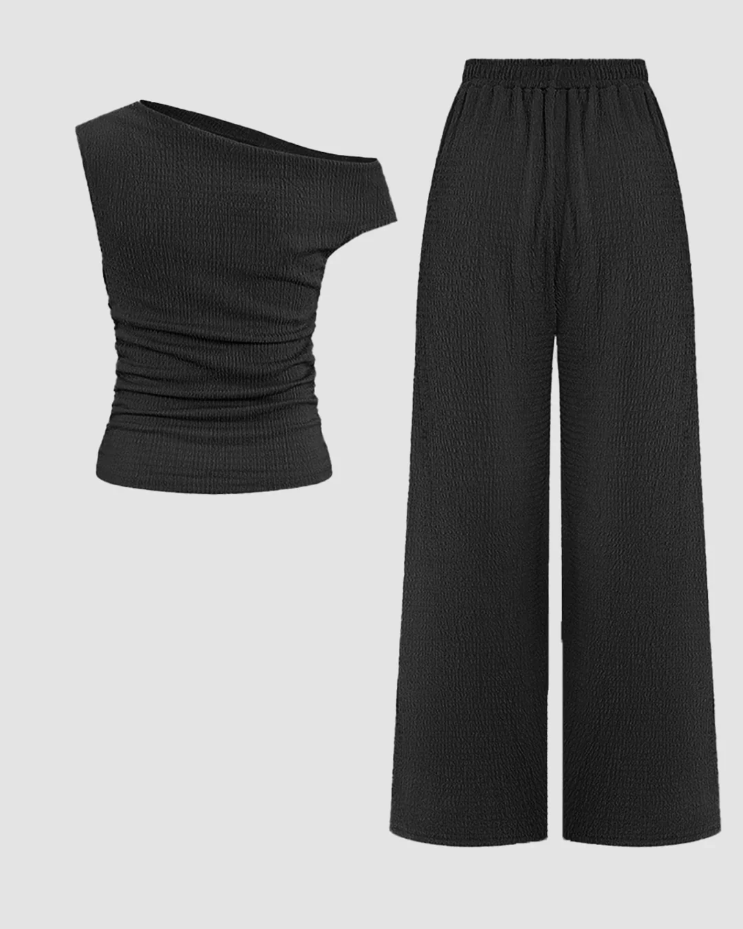 One Shoulder Ruched Top & Wide-Leg Trousers Co-ords Set in Black - Image 2