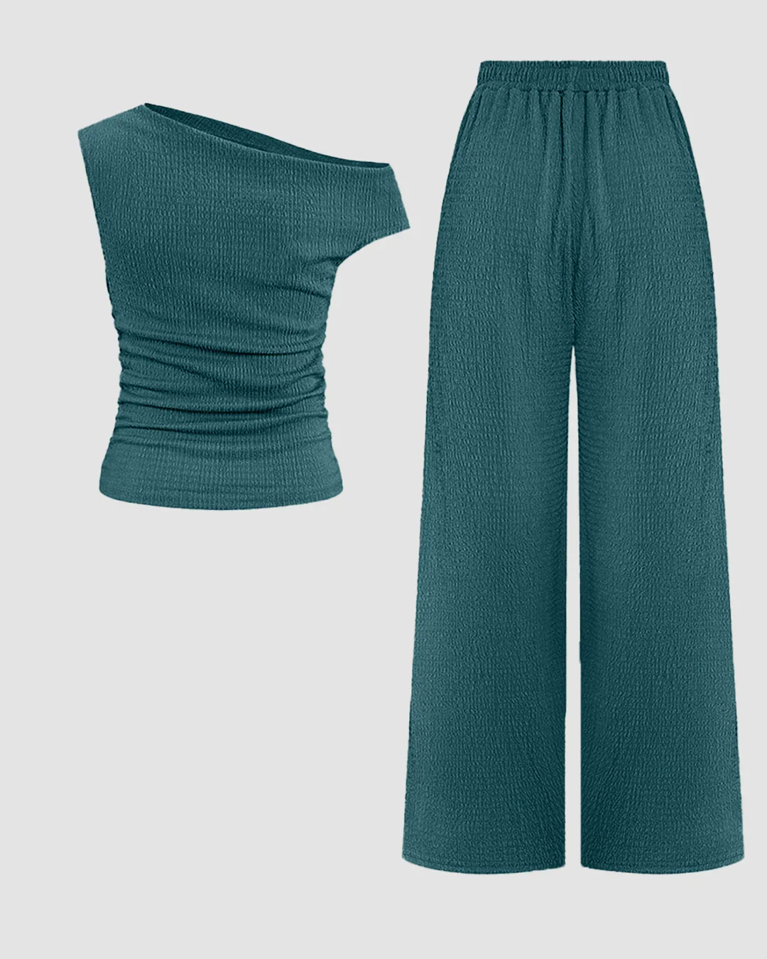 One Shoulder Ruched Top & Wide-Leg Trousers Co-ords Set in Teal Blue - Image 2