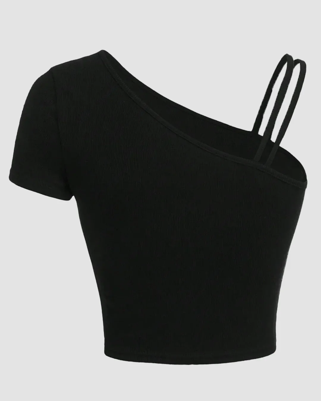 One Shoulder Strap Detail Asymmetrical Top in Black - Image 2