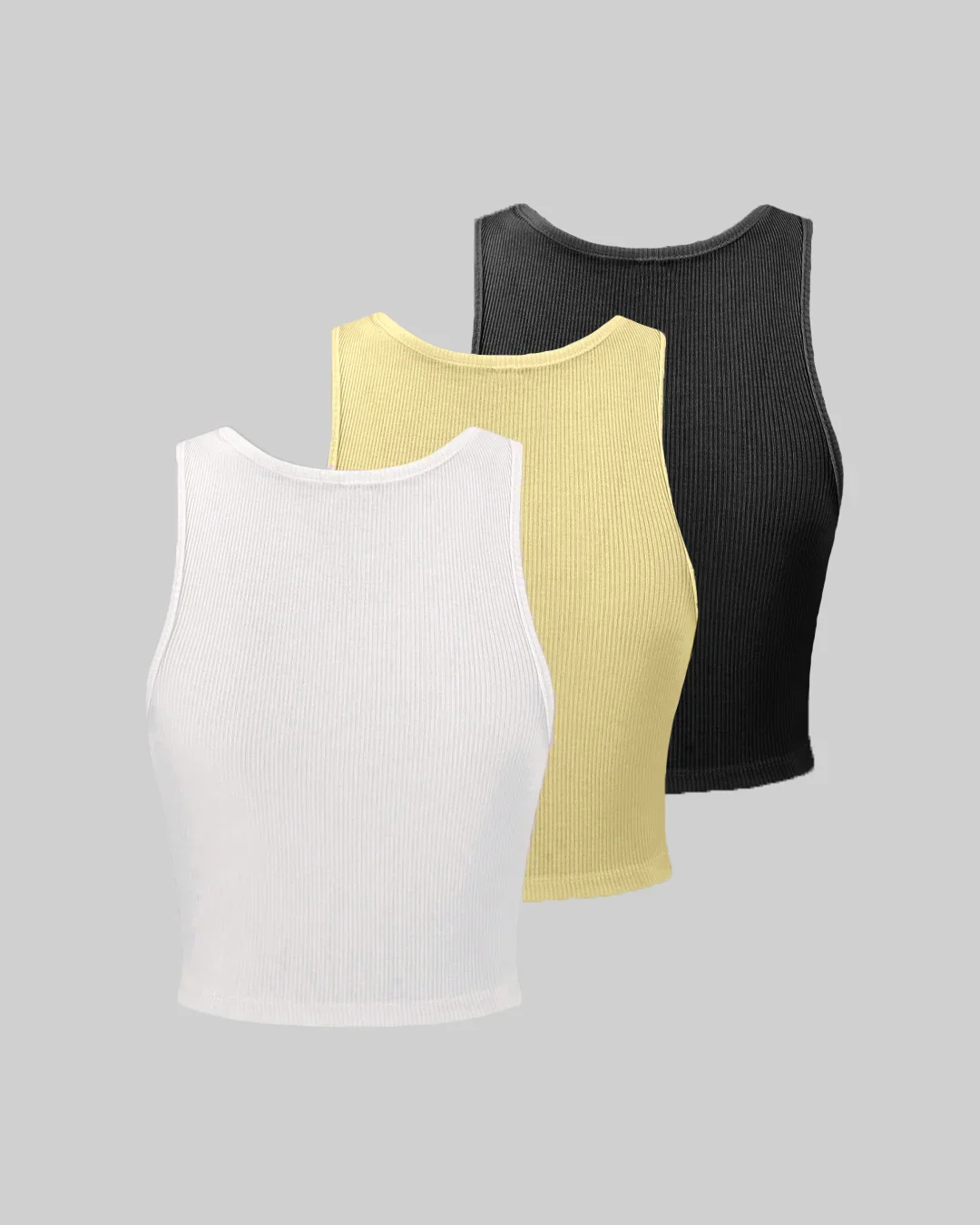 Pack of 3 Solid Color Ribbed Tank Tops in Black, White and Vanilla - Image 2