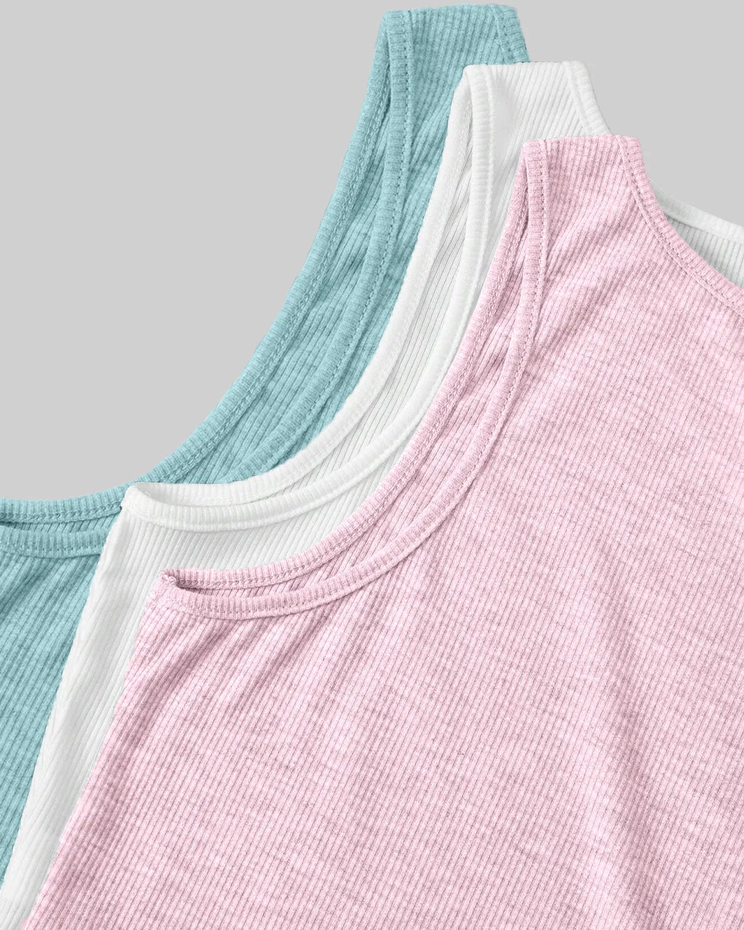 Pack of 3 Solid Color Ribbed Tank Tops in Light Blue, Pink, White - Image 3