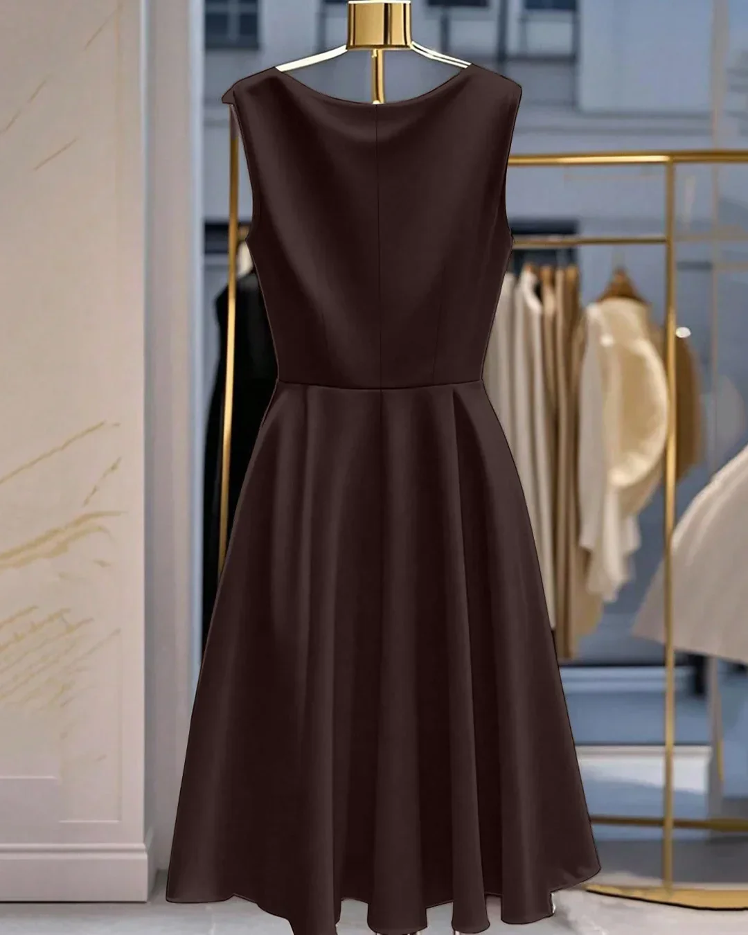Party Draped Sleeveless Midi Dress With Tie Waist In Coffee Brown - Image 2