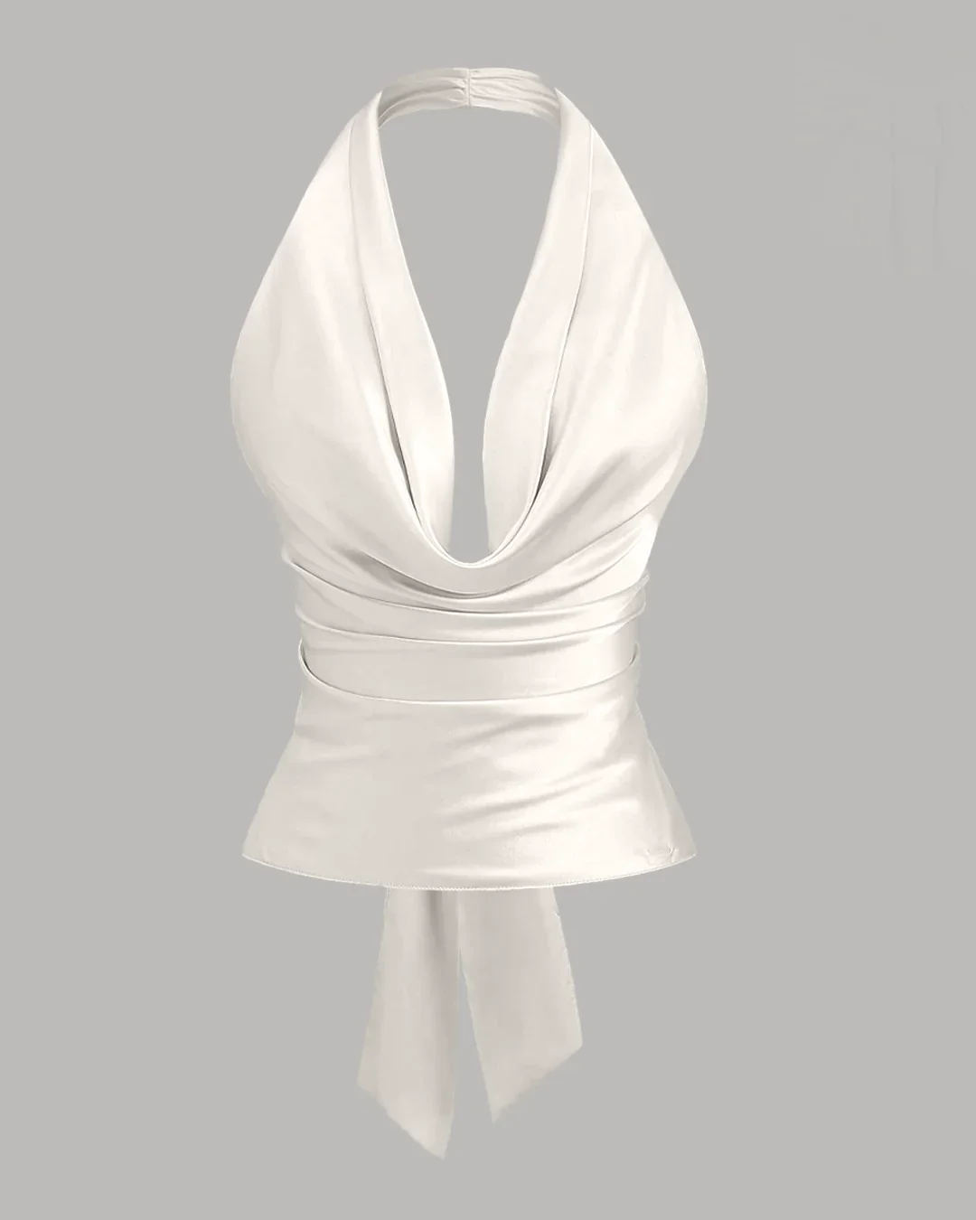 Party Halter Neck Draped Slim Fit Satin Top in White - Image 2