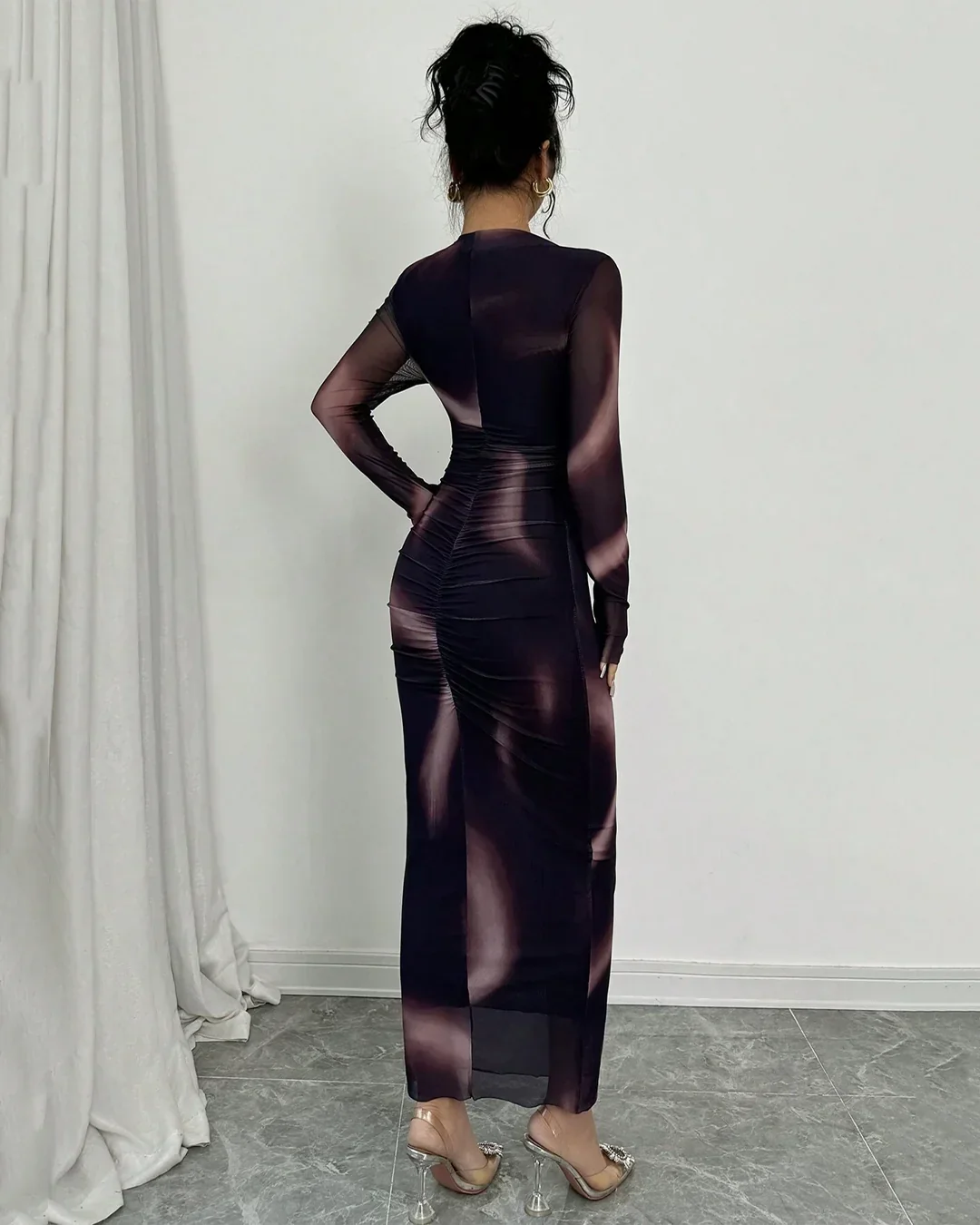 Party Round Neck Bodycon Straight Hem Mesh Maxi Dress - Image 2