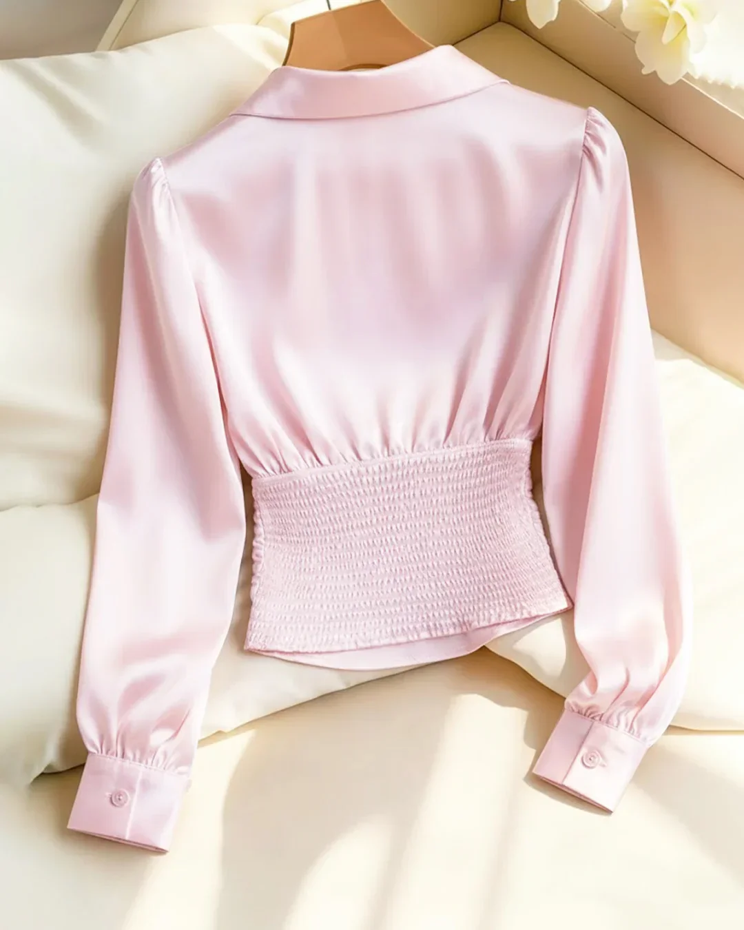Party Ruched Satin V Neck Long Sleeve Shirt in Pink - Image 2