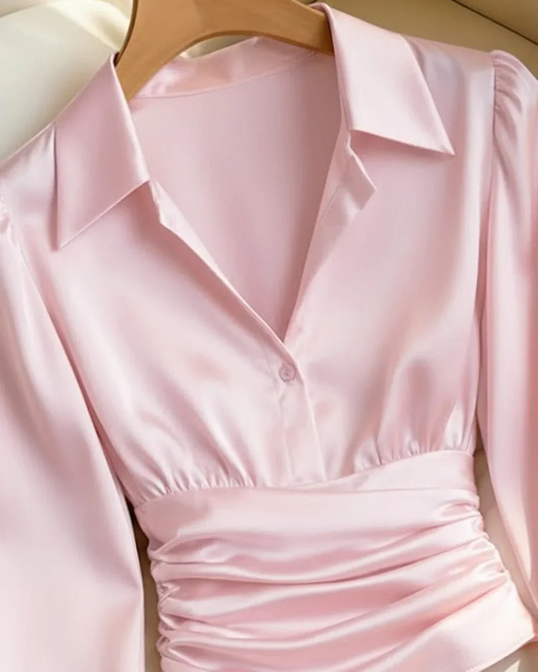 Party Ruched Satin V Neck Long Sleeve Shirt in Pink - Image 3