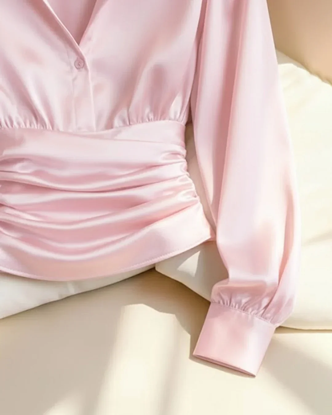 Party Ruched Satin V Neck Long Sleeve Shirt in Pink - Image 4