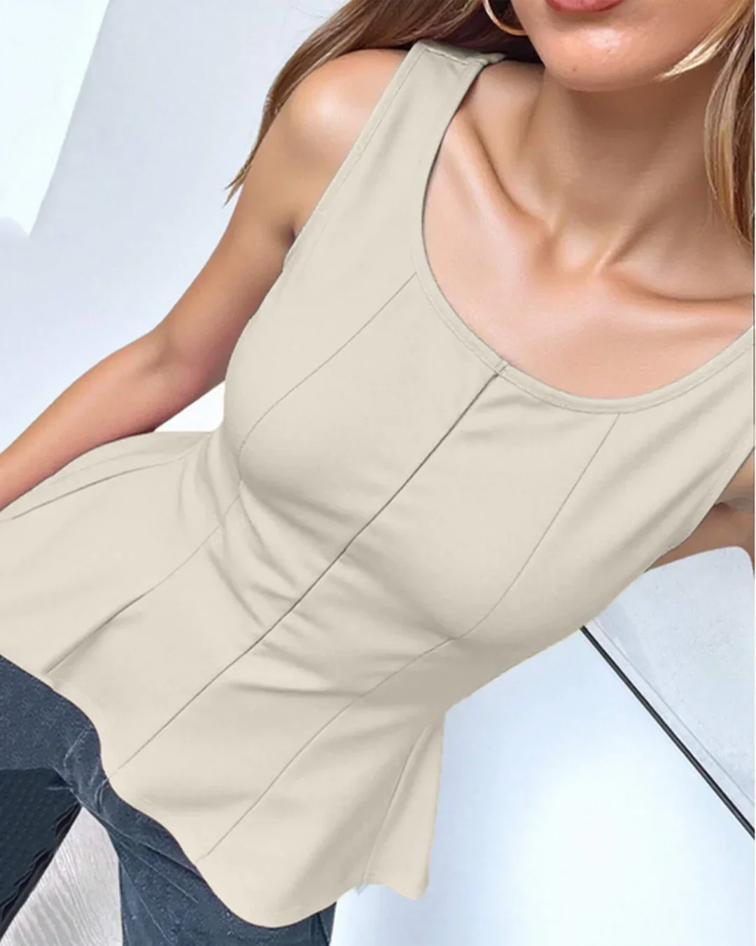 Sleeveless Round Neck Flared Peplum Top in Beige - Image 2