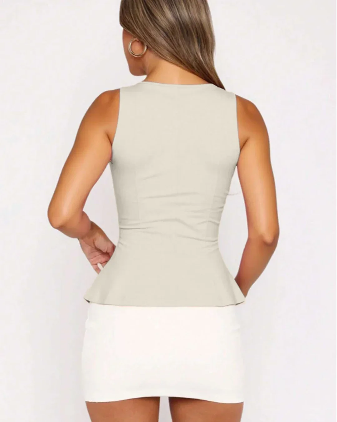 Sleeveless Round Neck Flared Peplum Top in Beige - Image 3