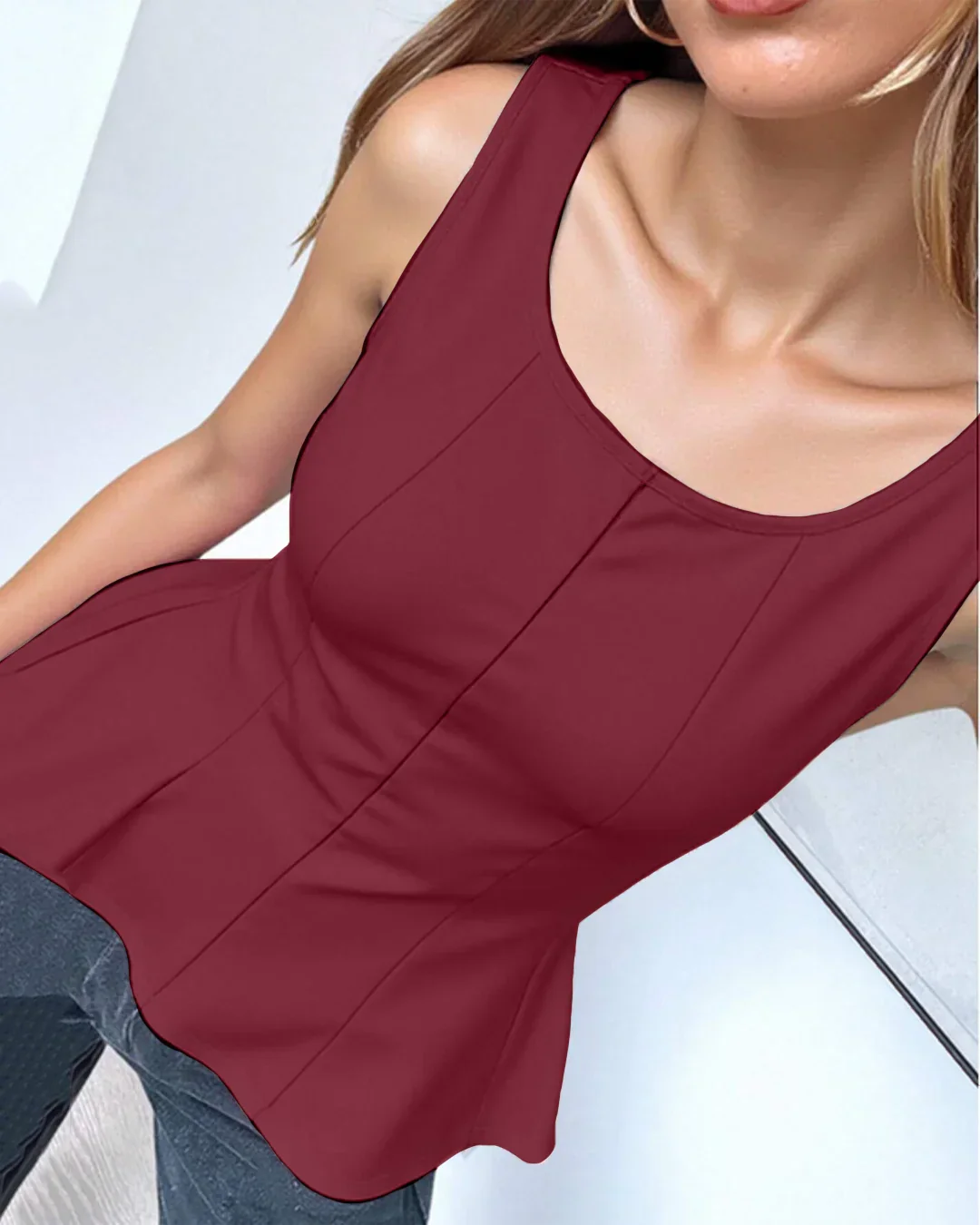 Round Neck Sleeveless Tailored Peplum Top in Maroon - Image 2