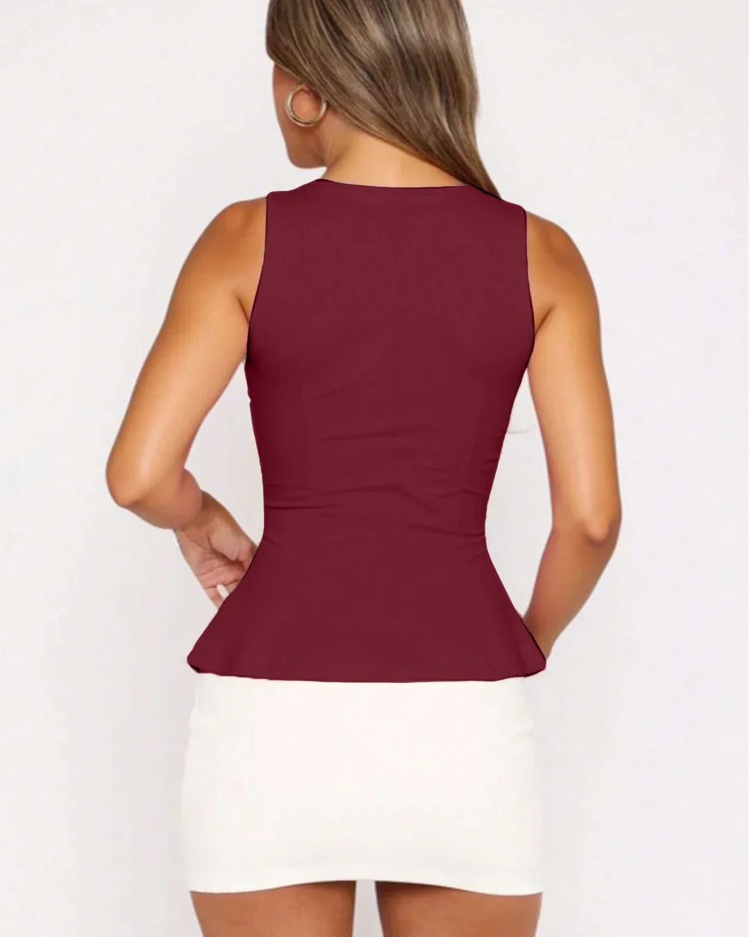 Round Neck Sleeveless Tailored Peplum Top in Maroon - Image 3