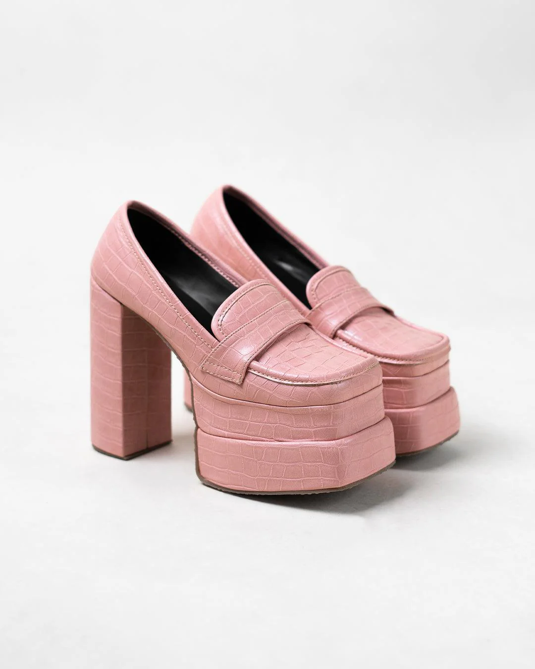 Pink Croc Textured Platform Loafers - Image 4