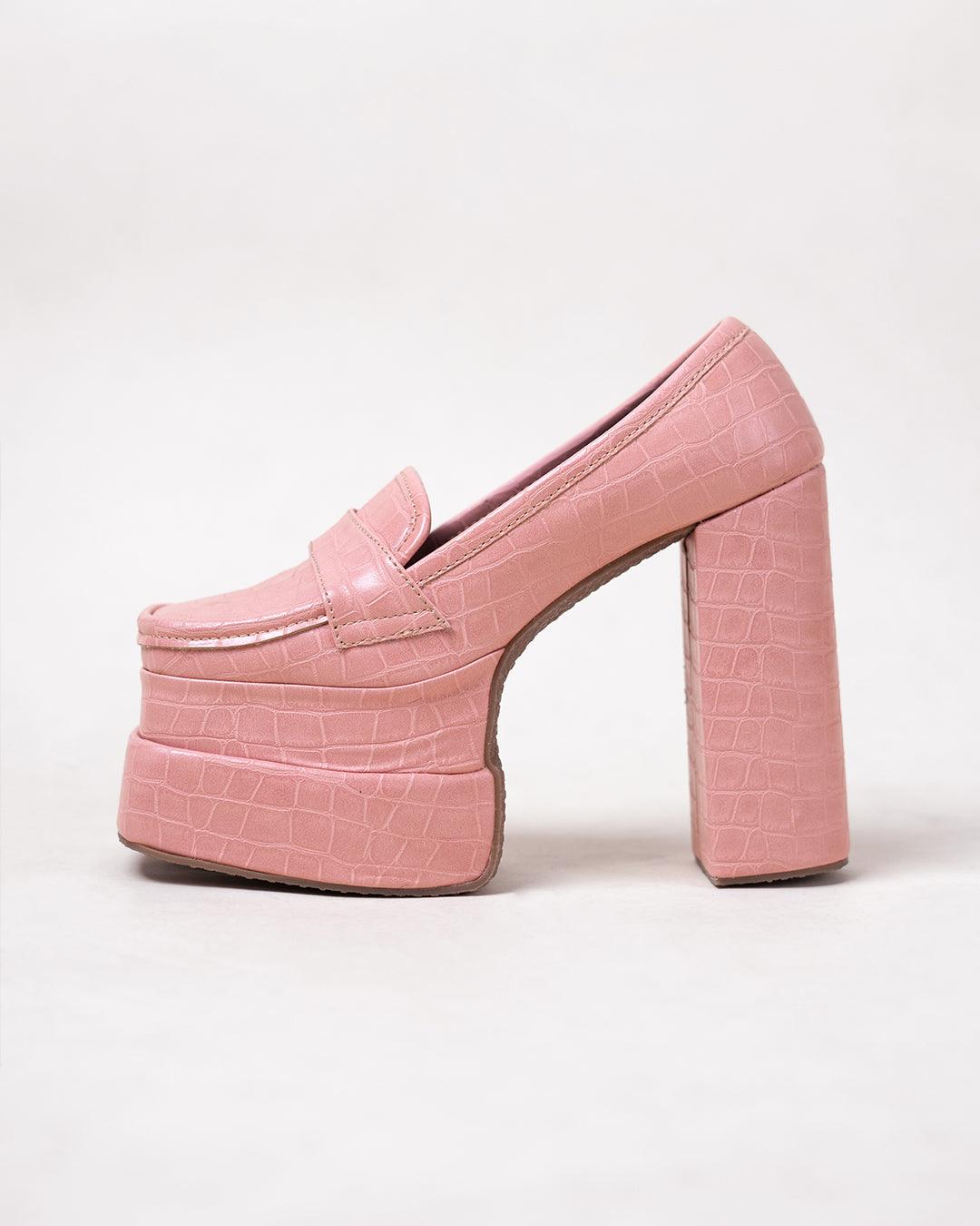 Pink Croc Textured Platform Loafers - Image 6