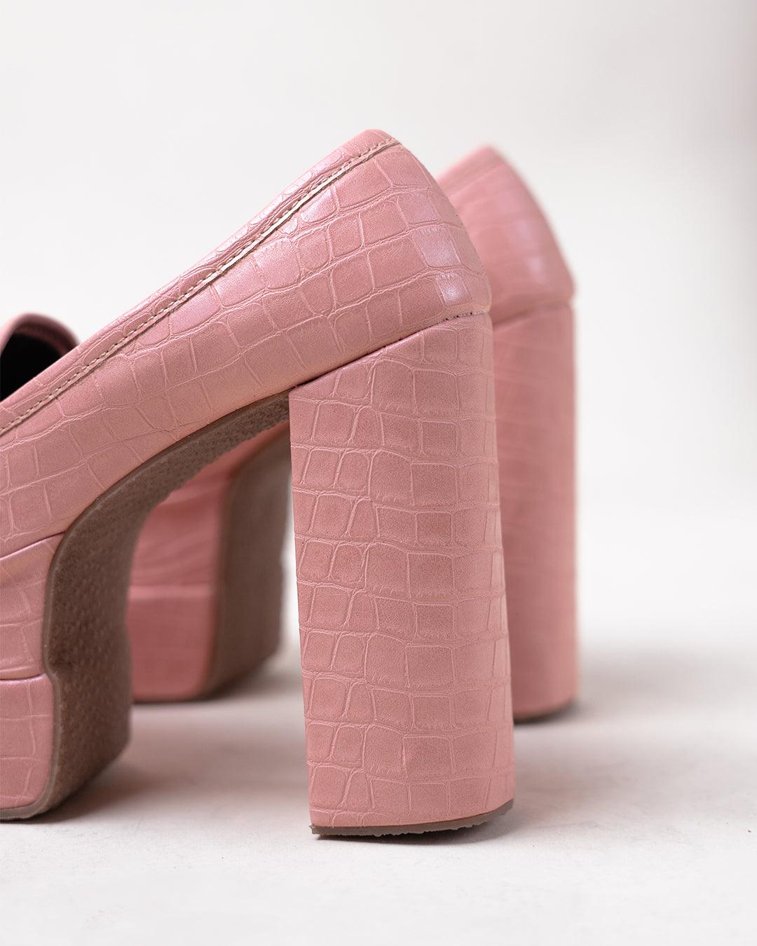 Pink Croc Textured Platform Loafers - Image 7