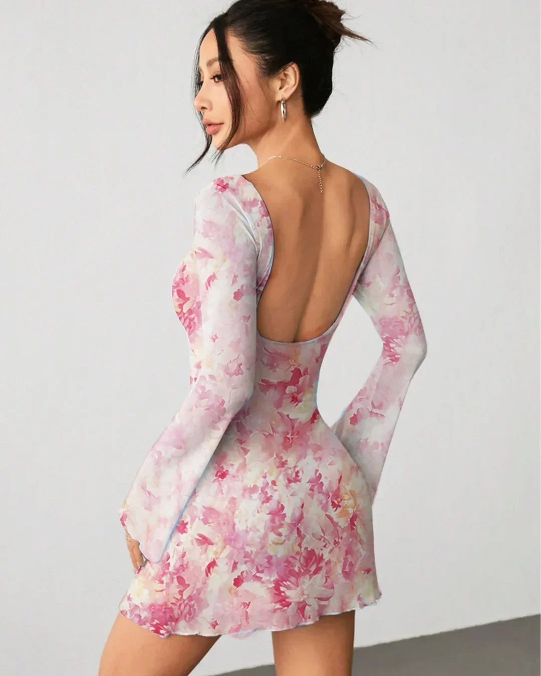 Pink Floral Full Sleeve Bodycon Mini Dress - Image 2