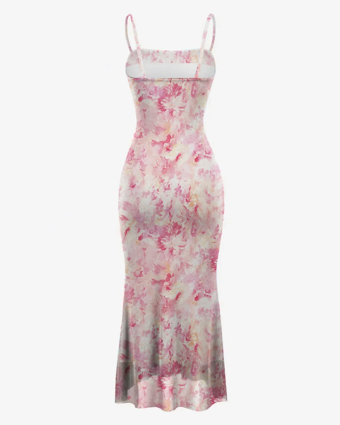 Pink Floral Ruched Spaghetti Strap Bodycon Midi Dress - Image 2