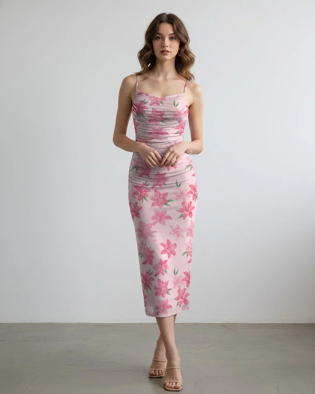 Pink Floral Ruched Body Fit with Spaghetti Straps Midi Dress - Image 2