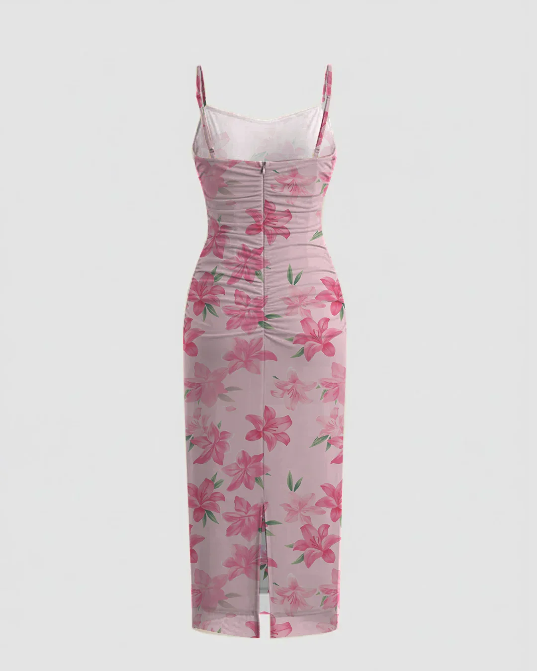 Pink Floral Ruched Body Fit with Spaghetti Straps Midi Dress - Image 3