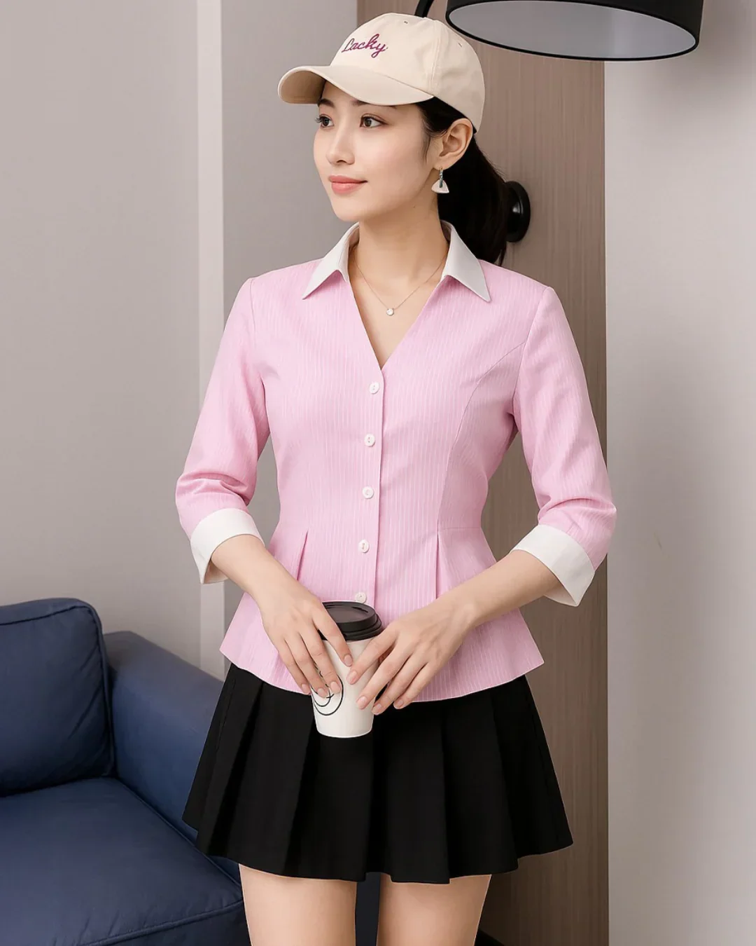 Pink Peplum Button-Down Shirt with Contrast Cuffs - Image 2