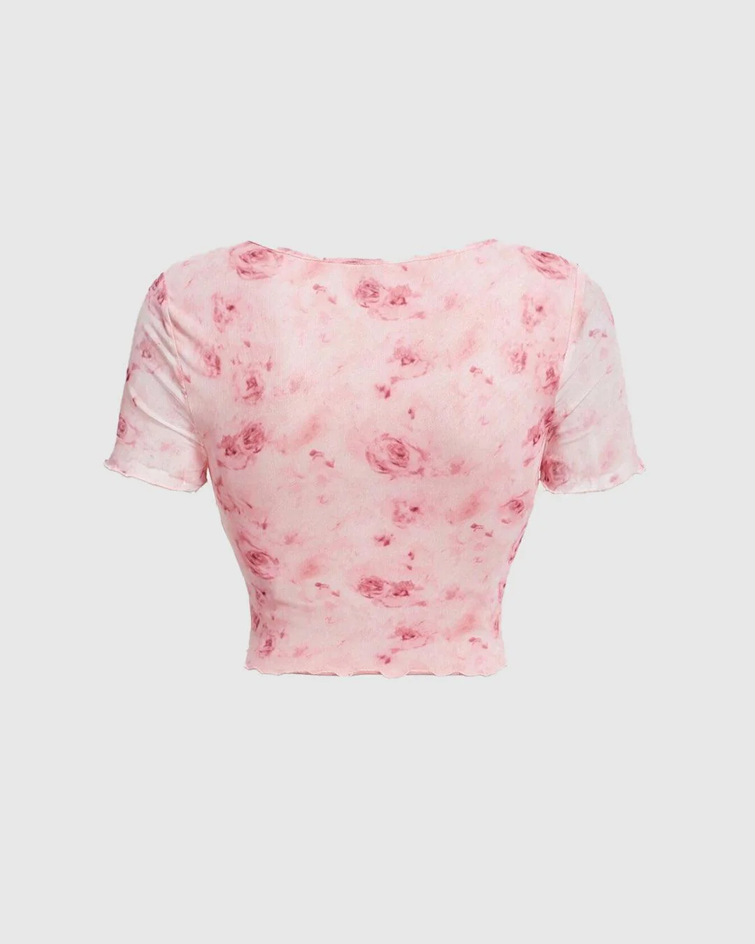 Pink Romantic Printed Lettuce Trim Tie Front Crop Top - Image 3