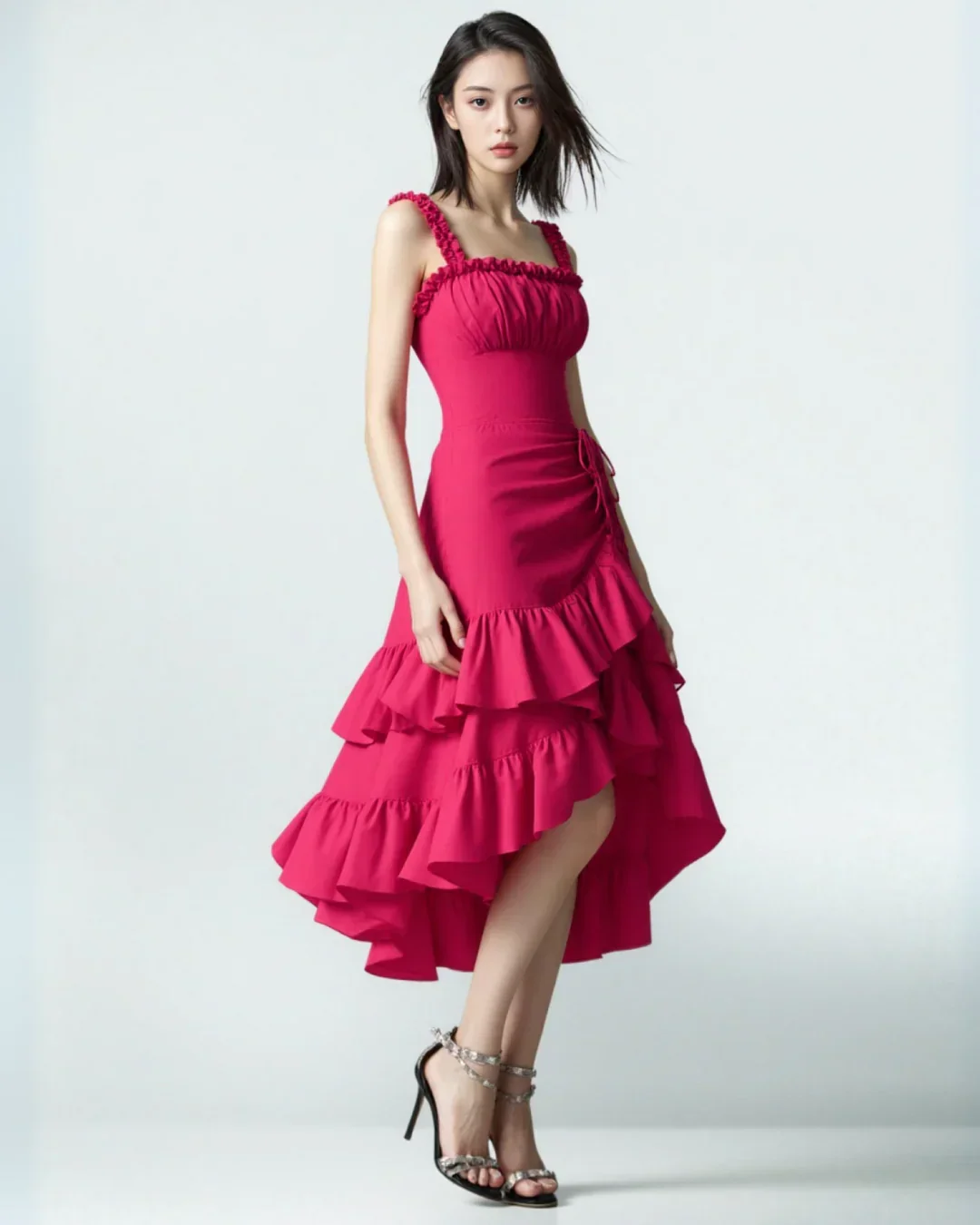 Pink Ruched Square Neck Ruffle High-Low Midi Dress with Ruffle Hem - Image 2