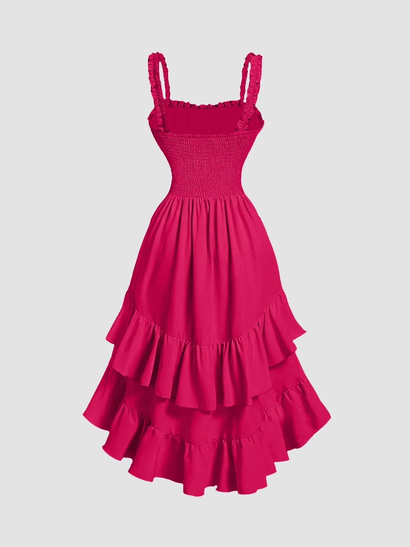 Pink Ruched Square Neck Ruffle High-Low Midi Dress with Ruffle Hem - Image 3