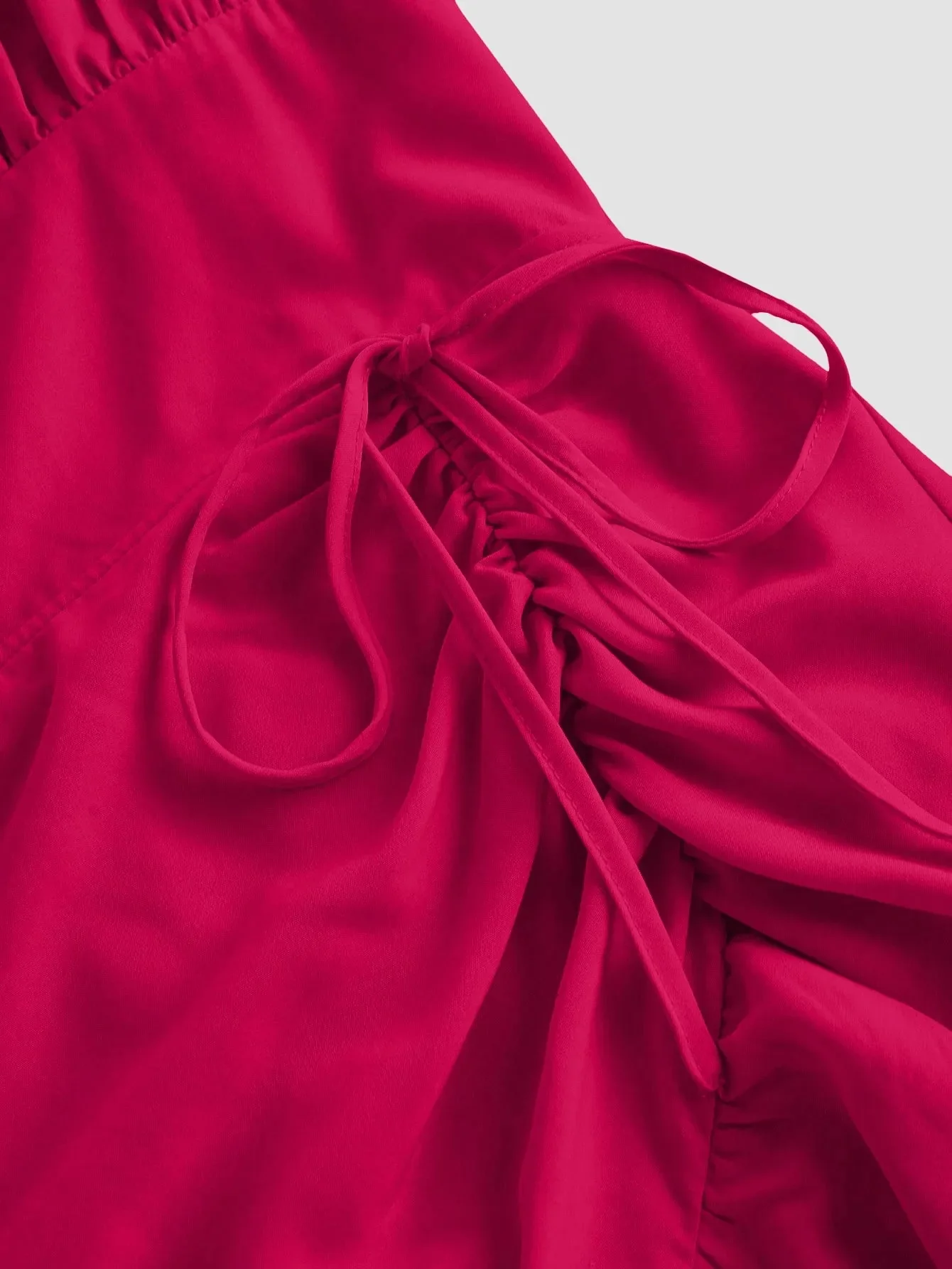 Pink Ruched Square Neck Ruffle High-Low Midi Dress with Ruffle Hem - Image 4
