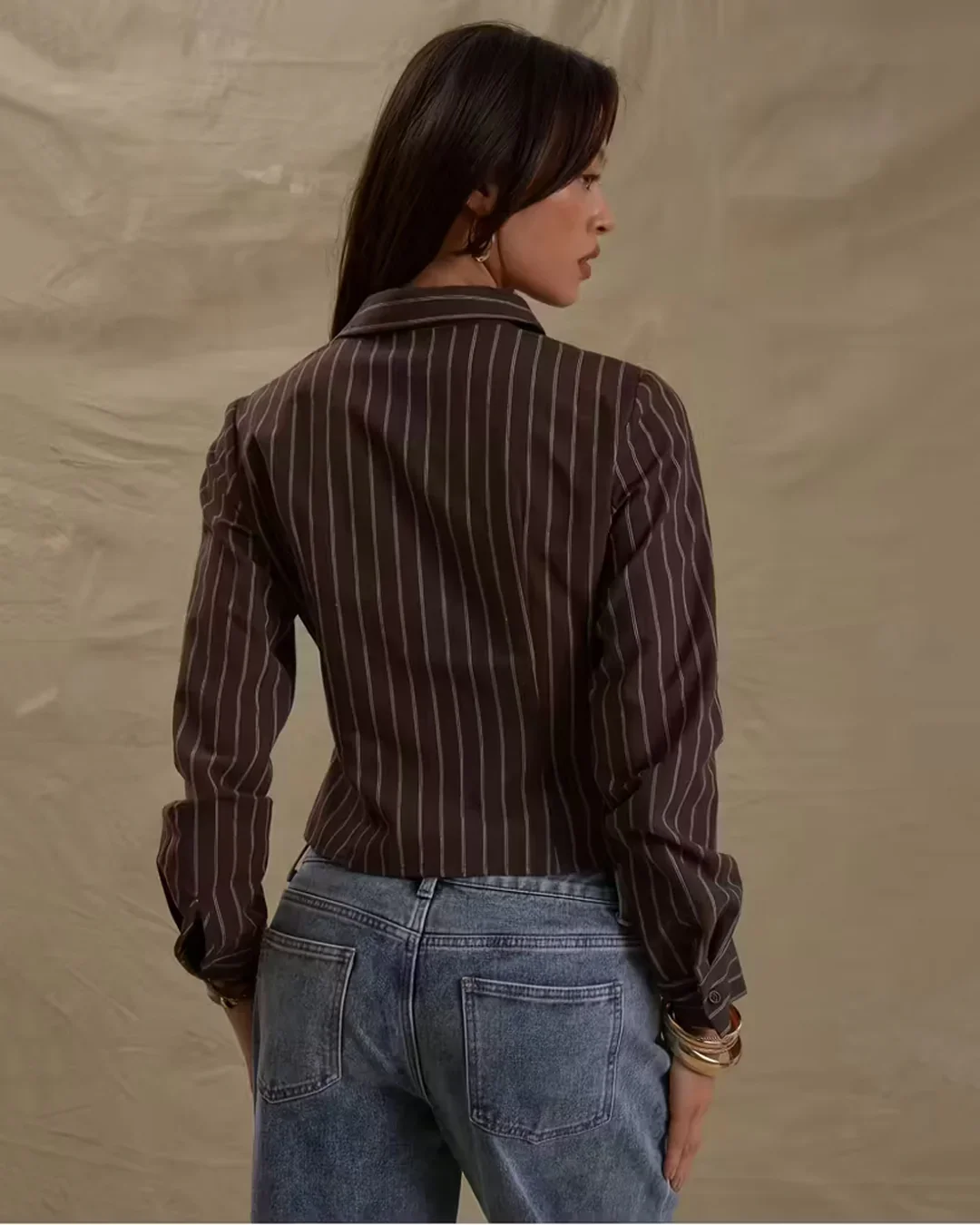 Pinstripe Fitted Long Sleeve Collared Shirt - Image 3