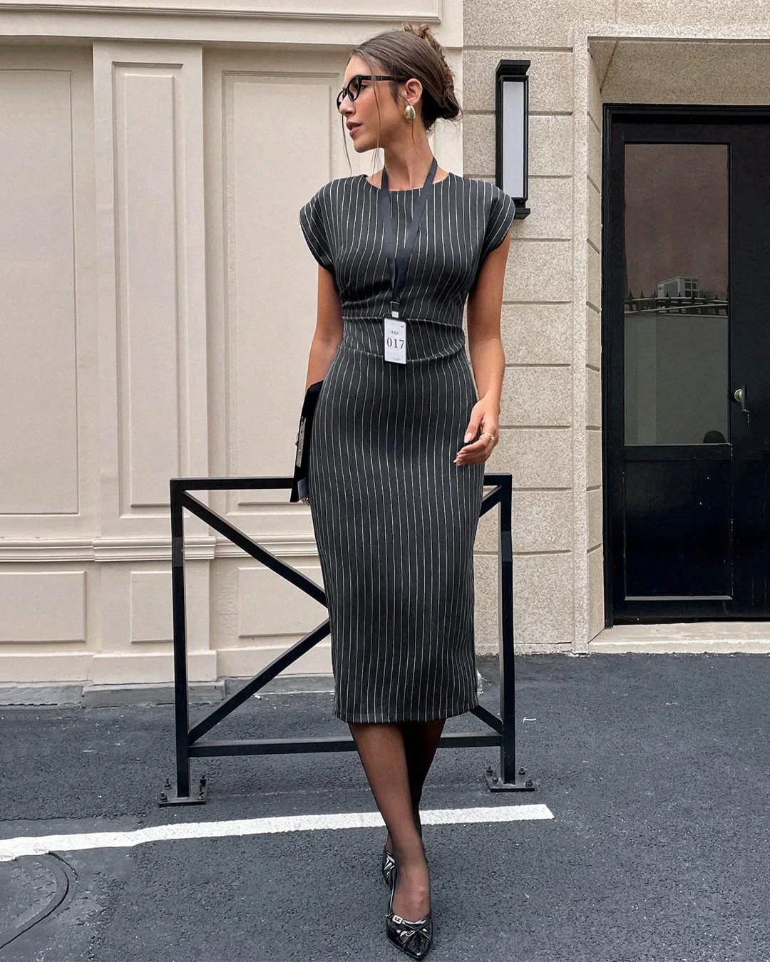 Pinstripe Structured Midi Dress in Black - Image 2