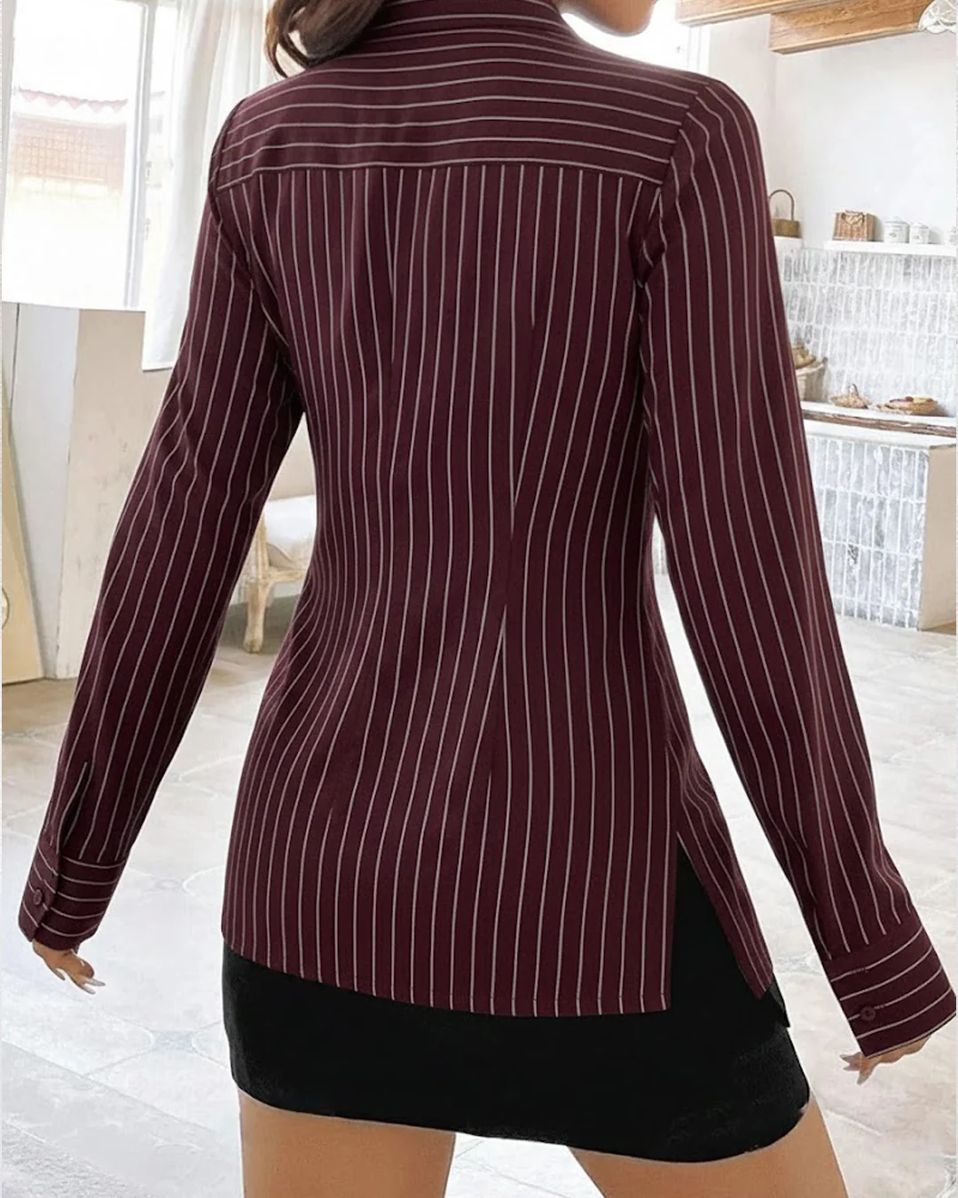 Pinstripe Tailored Fitted Shirt Top in wine - Image 2