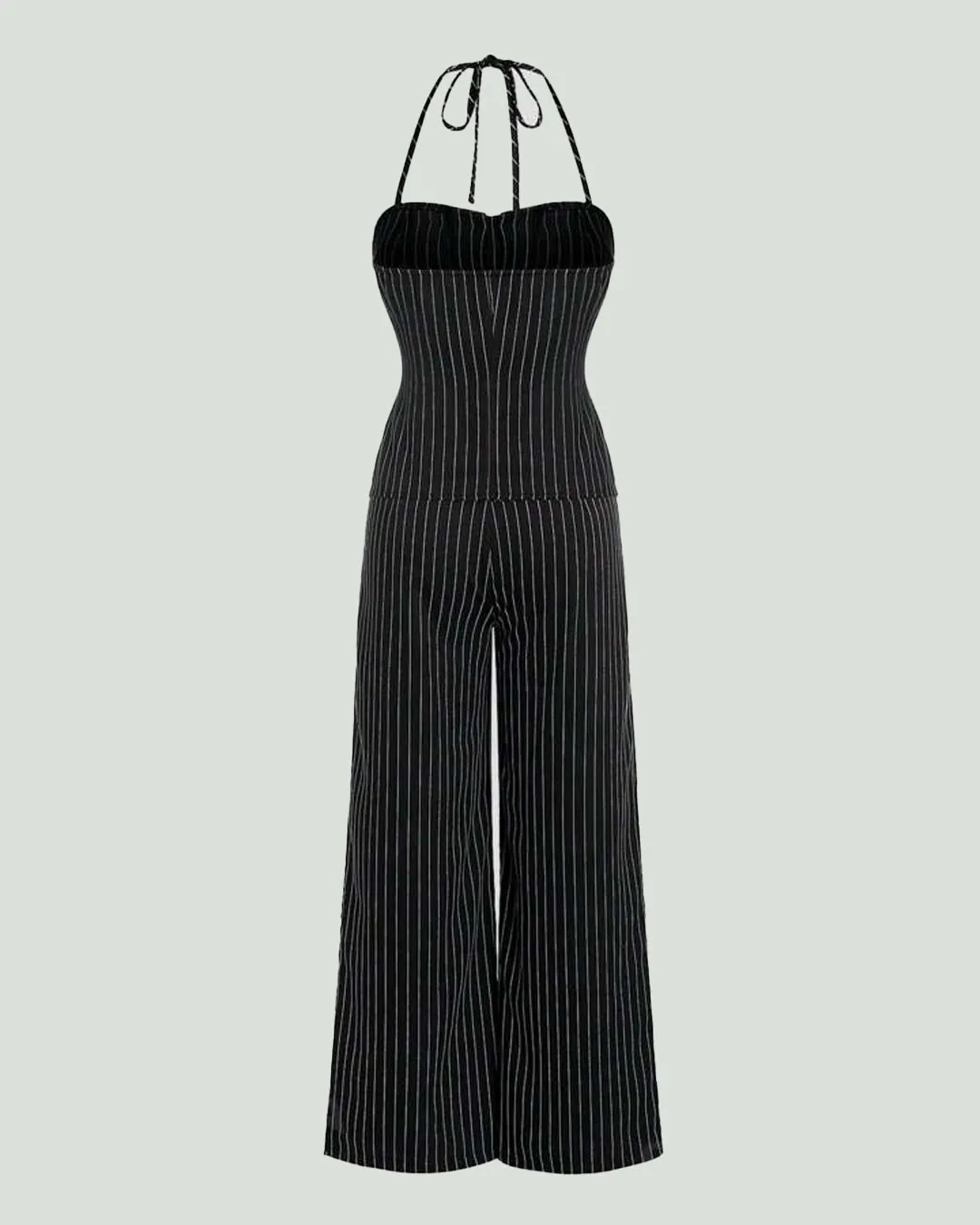 Pinstriped Halter Neck Sleeveless Top And Pants Set In Black - Image 2