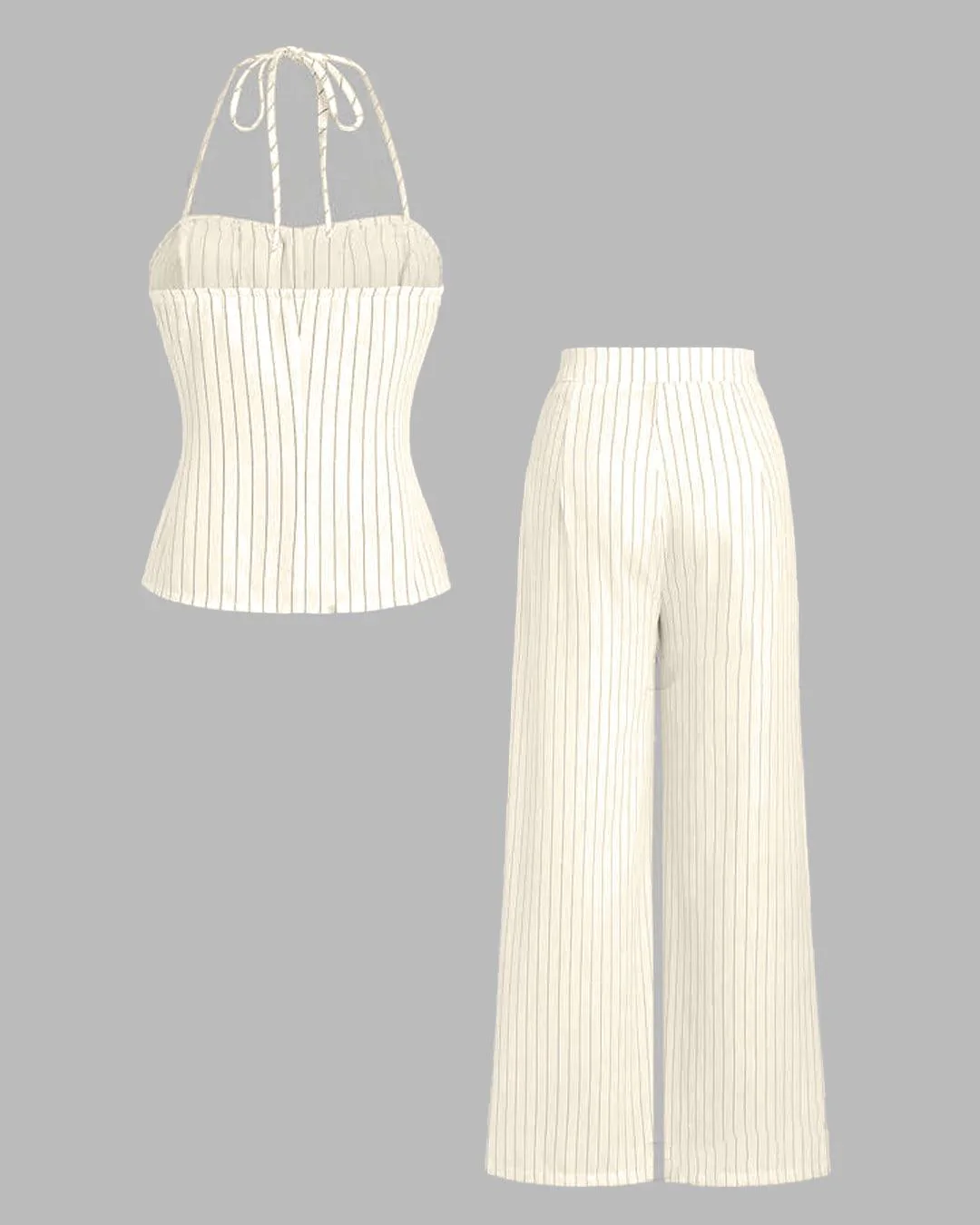 Pinstriped Halter Neck Sleeveless Top And Pants Set In Off-White - Image 3