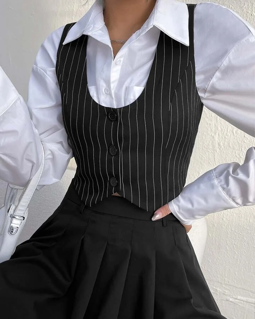 Pinstriped Single Breasted Crop Waistcoat Without Shirt - Image 2
