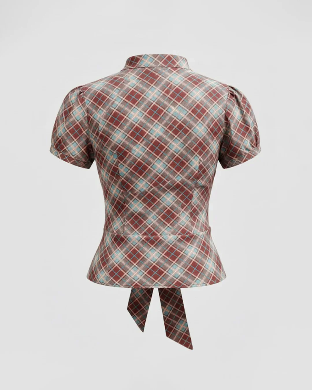 Plaid Stand Collar Puff Sleeve Tie Back Button Top - Image 2