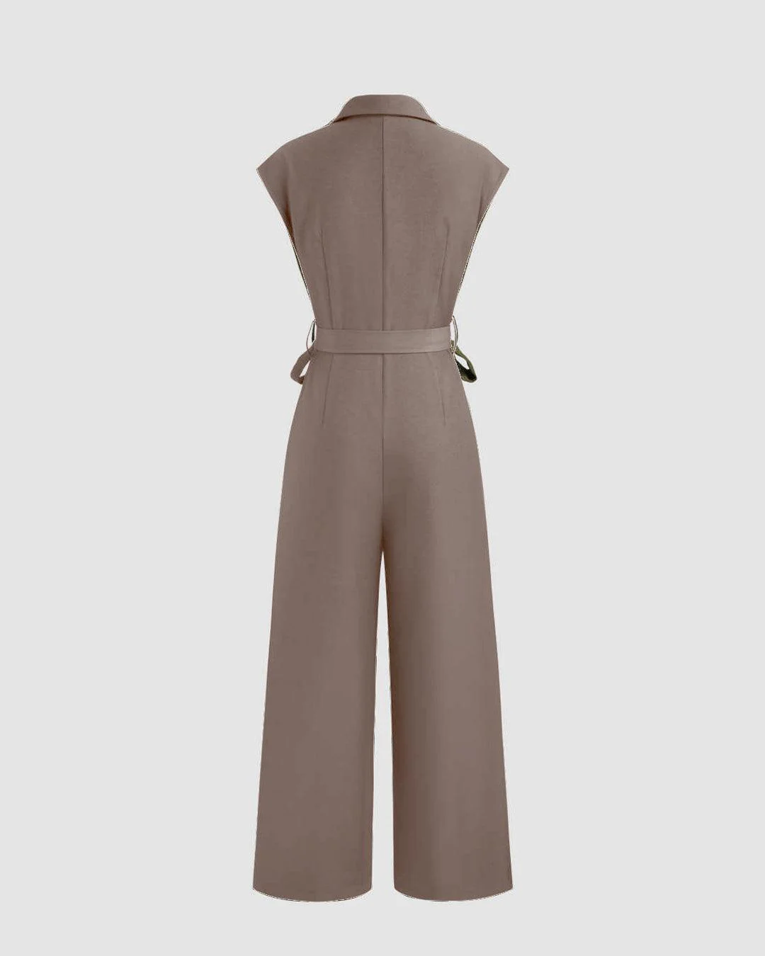 Plain Collar Sleeveless Jumpsuit With Pockets And Belt In Brown - Image 3