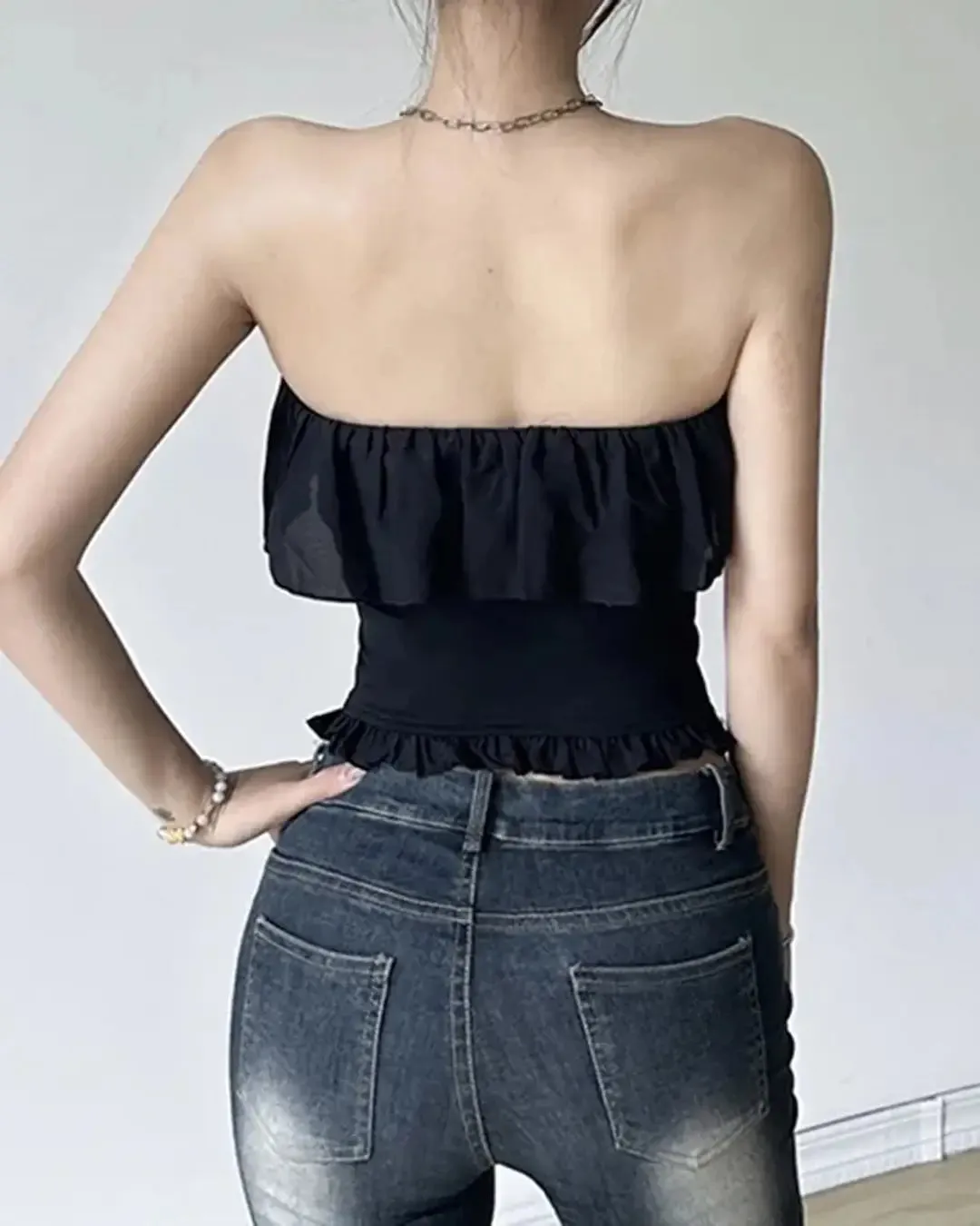 Plain Ruffled Trim Corset Tube Top In Black - Image 3