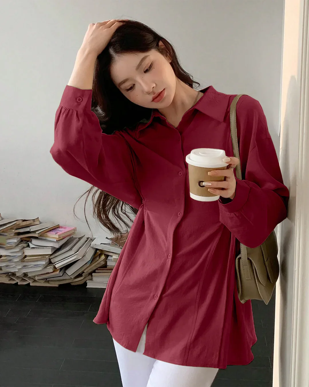 Pleated Button Down Full Sleeve Shirt in Cherry - Image 2