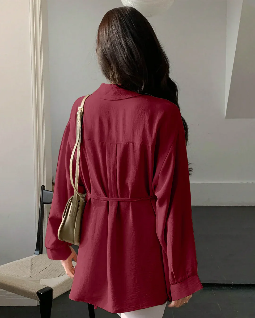 Pleated Button Down Full Sleeve Shirt in Cherry - Image 3