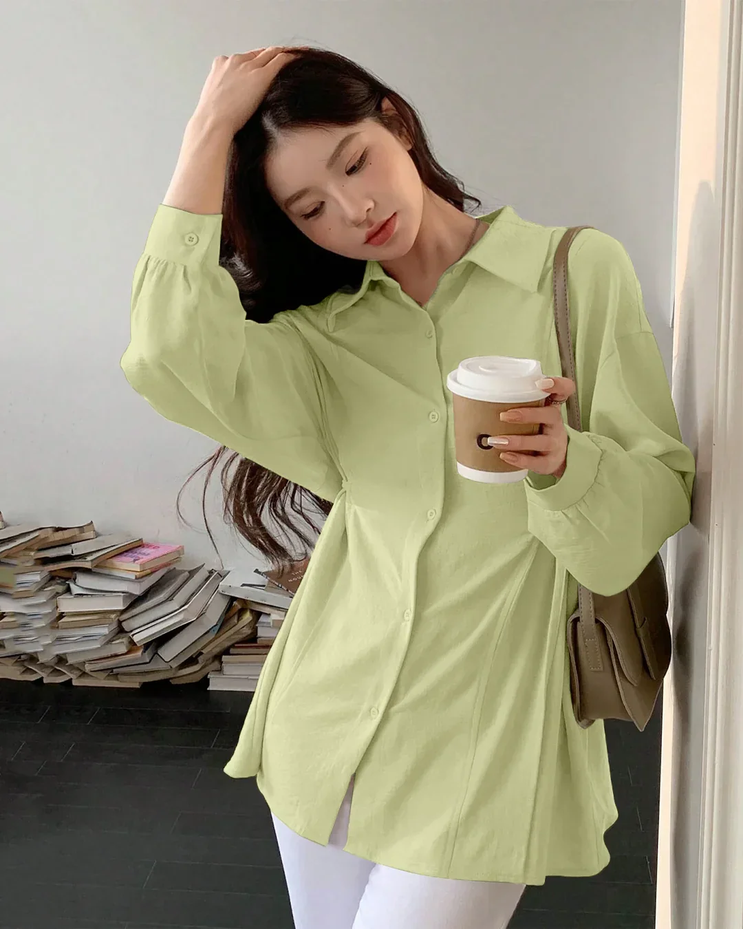 Pleated Button Down Full Sleeve Shirt in Herbal - Image 2