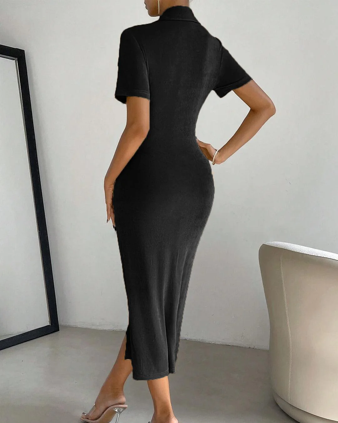 Pleated Collar Wrap High Slit Black Dress - Image 3