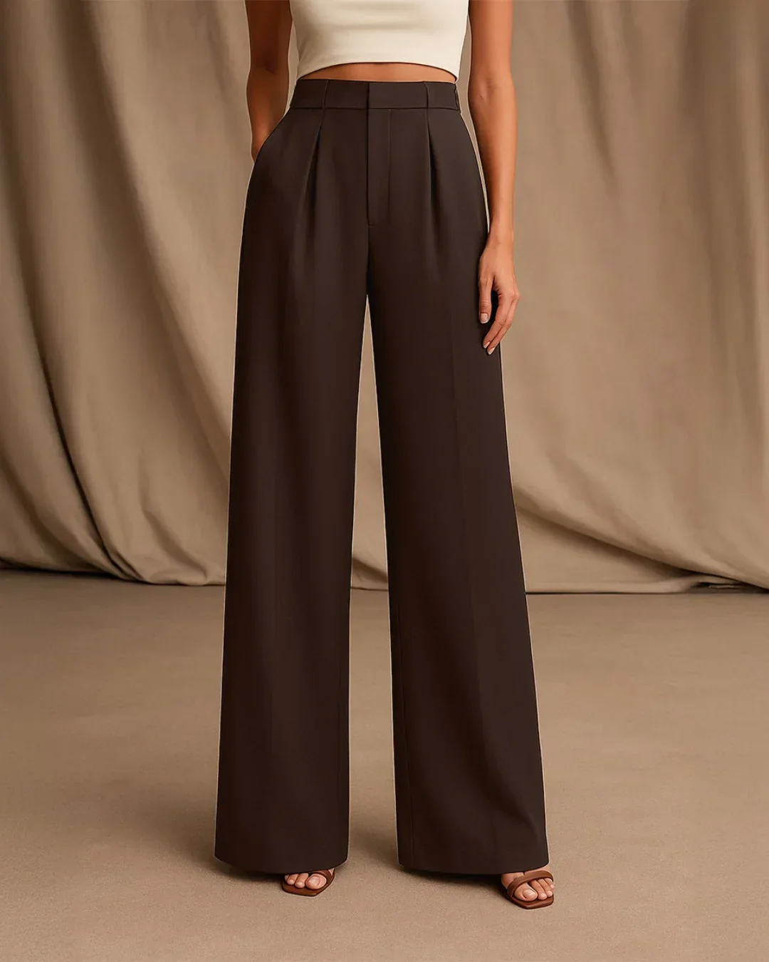 Pleated High Waisted Wide Leg Trousers in Coco - Image 2